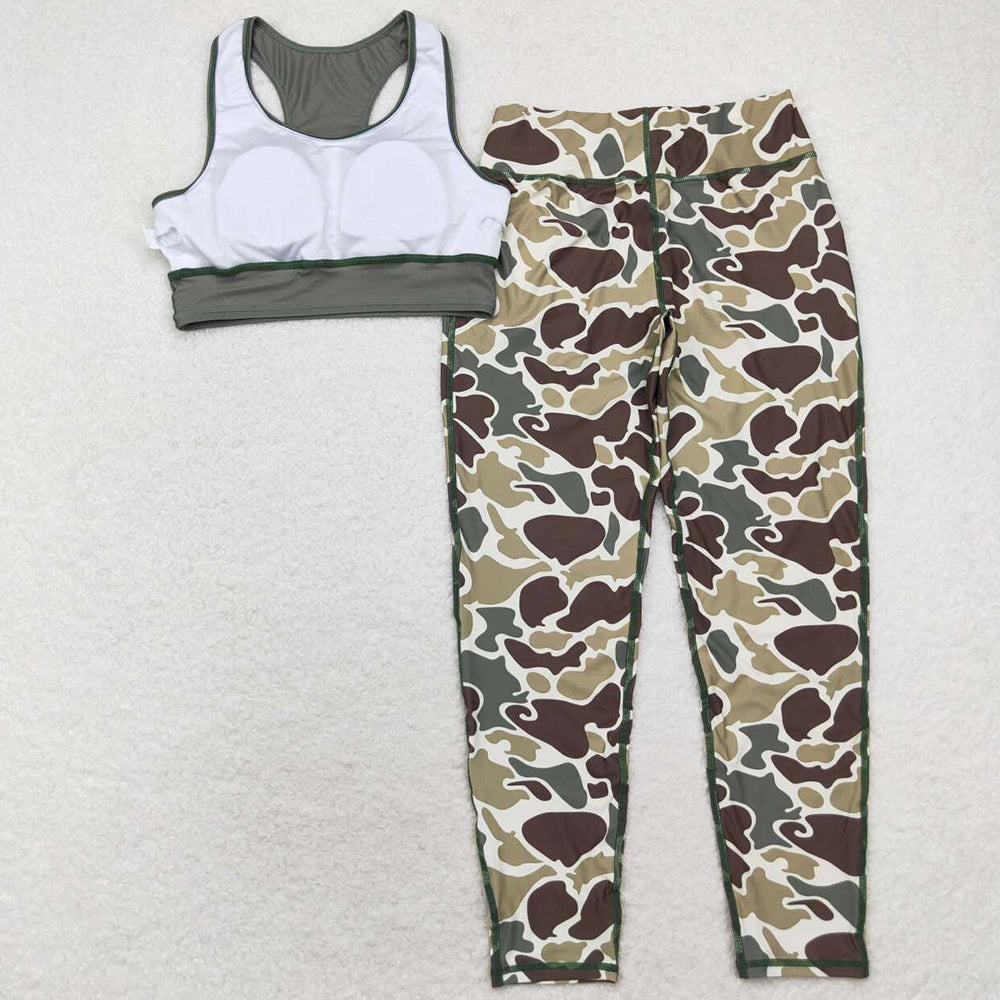 Adult Women Yoga Green Vest Top Camo Pants Yoga Sports Clothes Sets GSPO1665