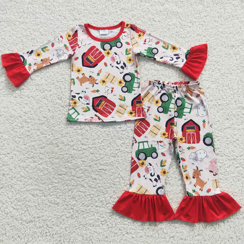 Boutique Girls Pajamas Sleepwear Farm Print Cute Kids Sibling Pajamas Sets GLP0488