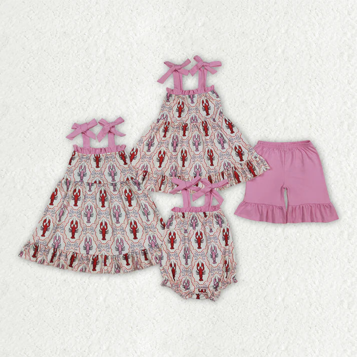 Sibling Baby Girls Crayfishes Bows Checked Tunic Ruffle Short Clothes Set Dress Rompers