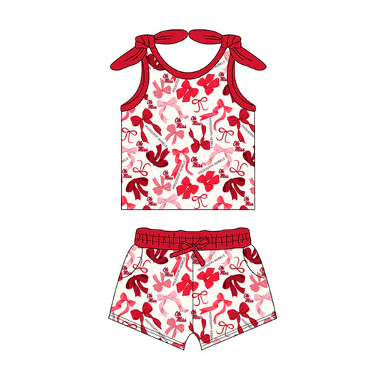 Preorder MOQ 5 pcs sleeveless O M bow top shorts girls team clothes 8.26