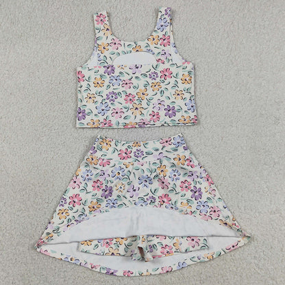 Baby Girls Clothes Colorful Flowers Vests Top Skirt Short Yoga Active Clothes Set GSD3838