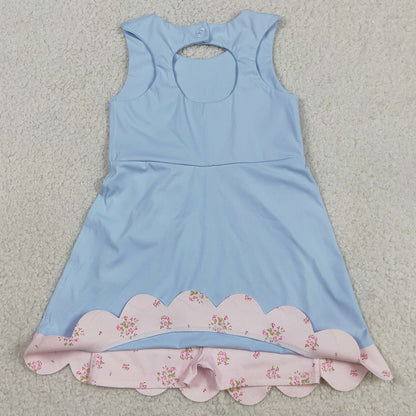 Baby Girls Dress Light Blue Yoga Active Bows Shorts Scallop Knee Length Dresses GSD3030