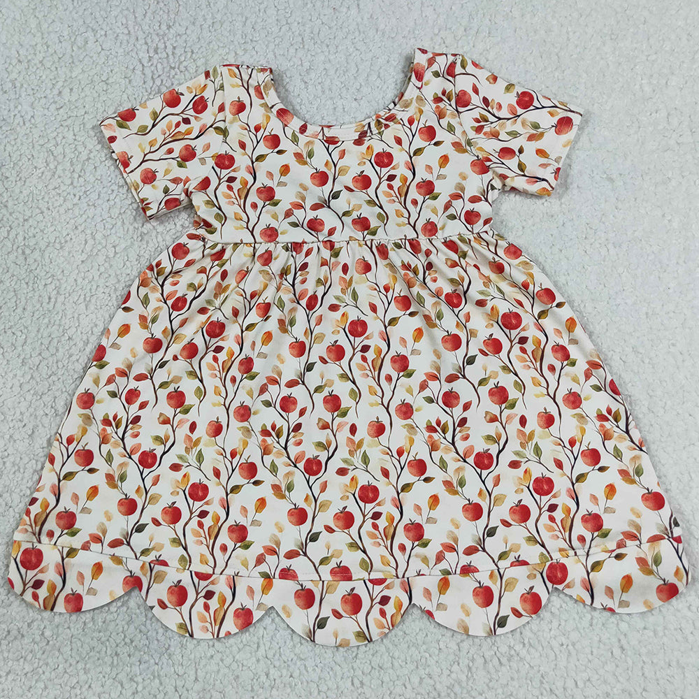 Baby Girls Dress Apples Flowers Scallop Back to School Knee Length Dresses GSD4156