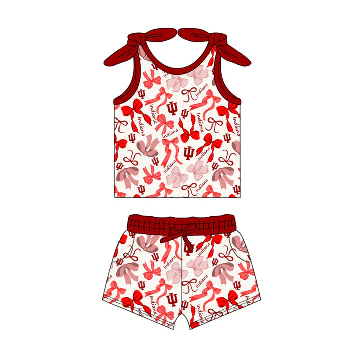 Preorder MOQ 5 pcs sleeveless I U red bow top shorts girls team clothes 8.23