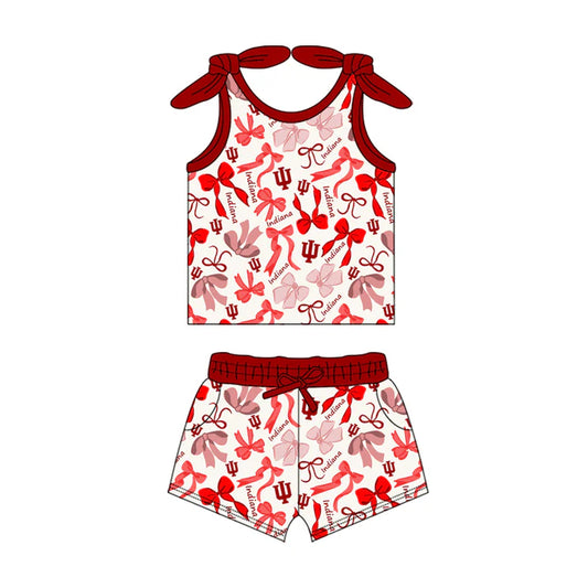 Preorder MOQ 5 pcs sleeveless I U red bow top shorts girls team clothes 8.23