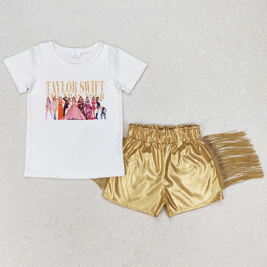 Baby Girls Clothes Short Sleeve Shirts Tops Leather Gold Tassel Shorts Sets GSSO0985