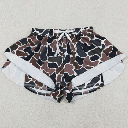 Adult Women Shorts Dark Brown Camo Yoga Active Shorts Ruffle Bottom SS0768