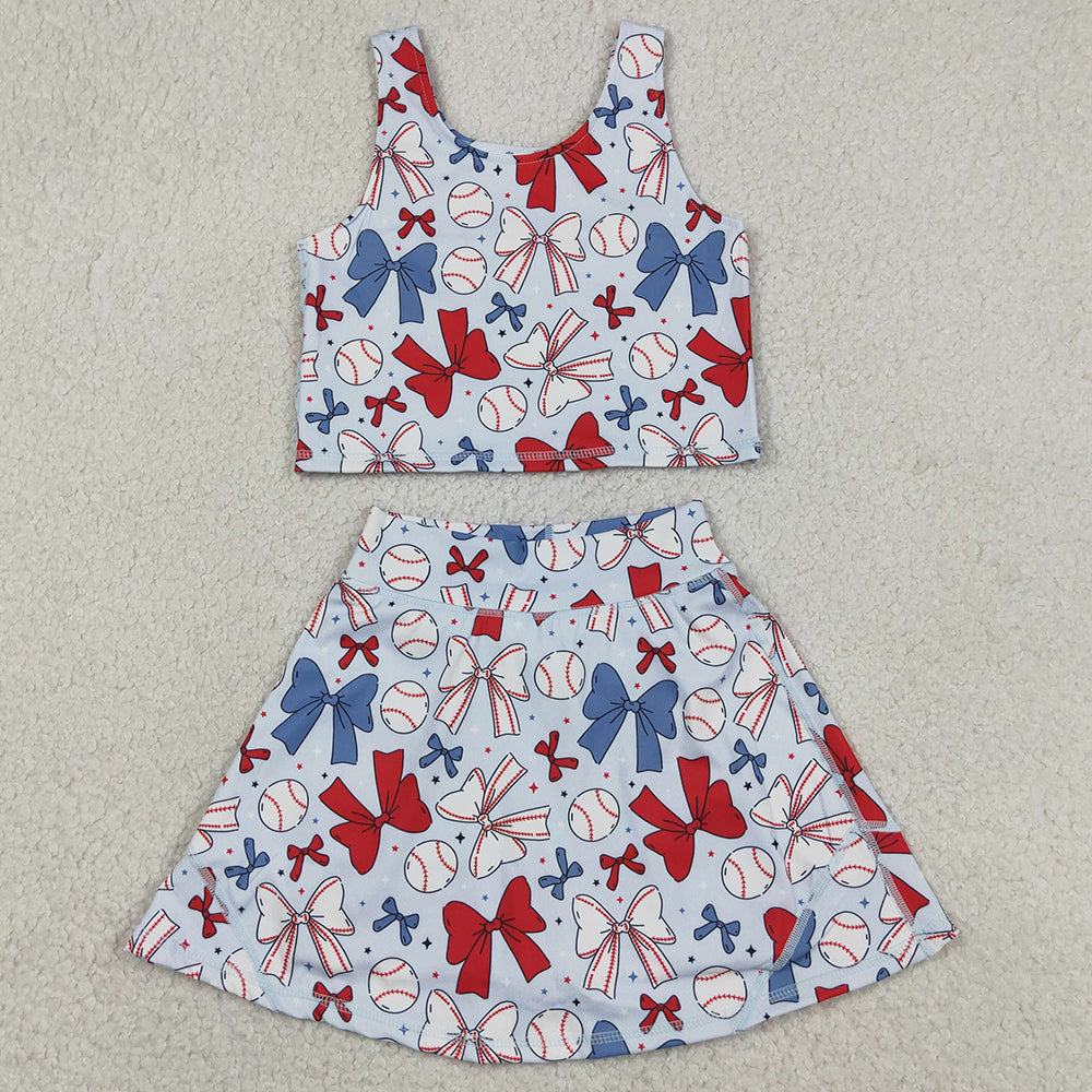 Baby Girls Clothes 4th Of July Bows Baseball Yoga Vest Skort Active Wear Sets GSD2151