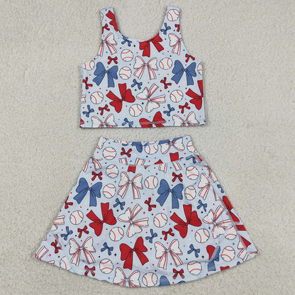 Baby Girls Clothes 4th Of July Bows Baseball Yoga Vest Skort Active Wear Sets GSD2151