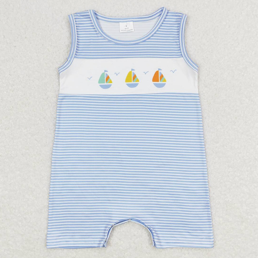 Baby Infant Boys Romper Blue Stripes Sailboat Sleeveless Summer Rompers SR1059