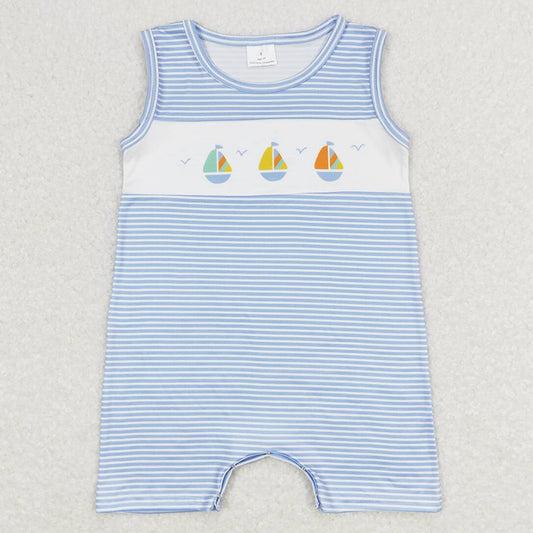 Baby Infant Boys Romper Blue Stripes Sailboat Sleeveless Summer Rompers SR1059