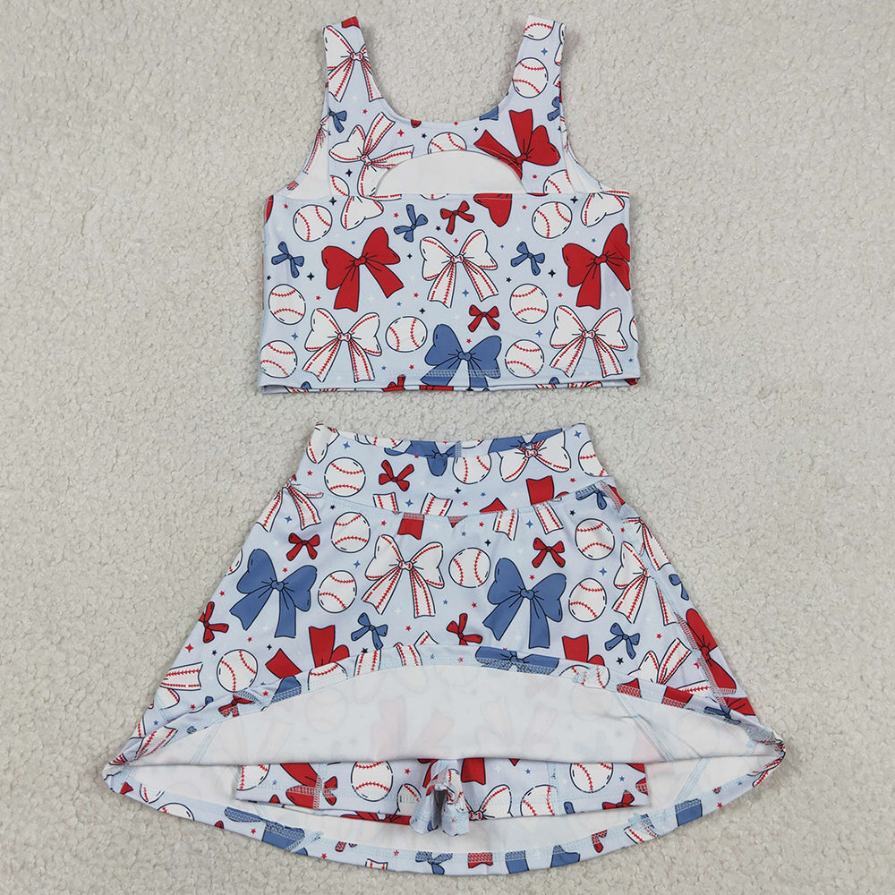 Baby Girls Clothes 4th Of July Bows Baseball Yoga Vest Skort Active Wear Sets GSD2151