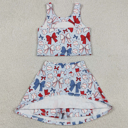 Baby Girls Clothes 4th Of July Bows Baseball Yoga Vest Skort Active Wear Sets GSD2151