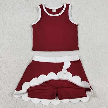 Baby Girls Clothes Sleeveless Dark Red Vest Scallop Skirt Short Yoga Active Clothes Set GSD4027