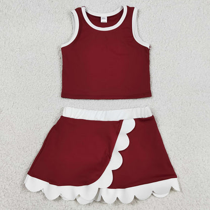Baby Girls Clothes Sleeveless Dark Red Vest Scallop Skirt Short Yoga Active Clothes Set GSD4027
