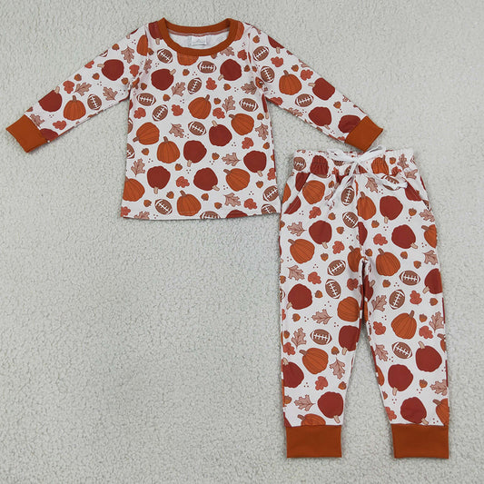 Baby Boys Pajamas Football Pumpkins Leaves Top Pockets Joggers Fall Clothes Set BLP1539