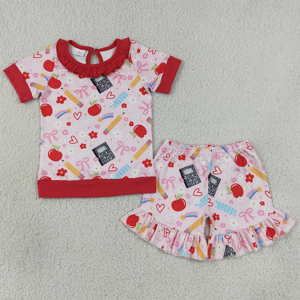 Baby Girls Clothes Pencil Flower Apples Top Ruffle Short Back to School Clothes Sets GSSO3525