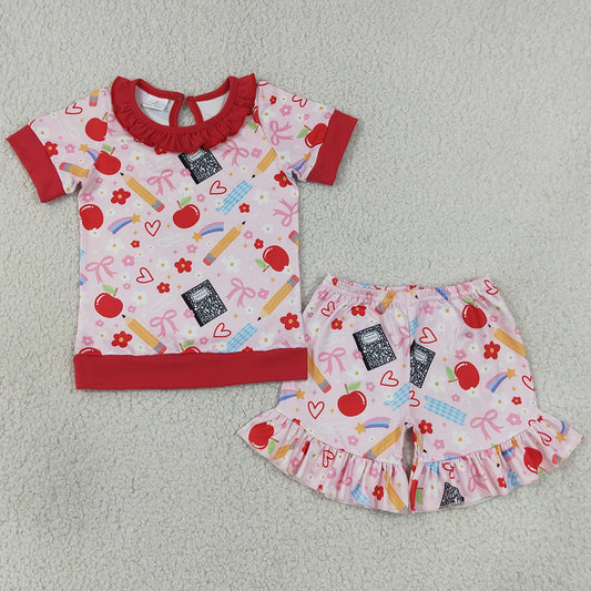 Baby Girls Clothes Pencil Flower Apples Top Ruffle Short Back to School Clothes Sets GSSO3525