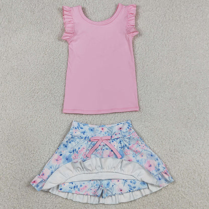 Baby Girls Clothes Pink Vest Colorful Floral Pockets Skirt Short Yoga Active Clothes Set GSD3773