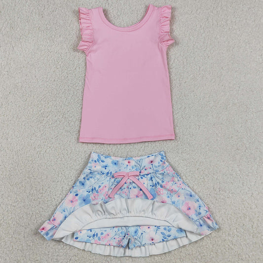 Baby Girls Clothes Pink Vest Colorful Floral Pockets Skirt Short Yoga Active Clothes Set GSD3773