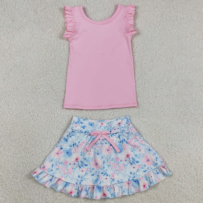 Baby Girls Clothes Pink Vest Colorful Floral Pockets Skirt Short Yoga Active Clothes Set GSD3773
