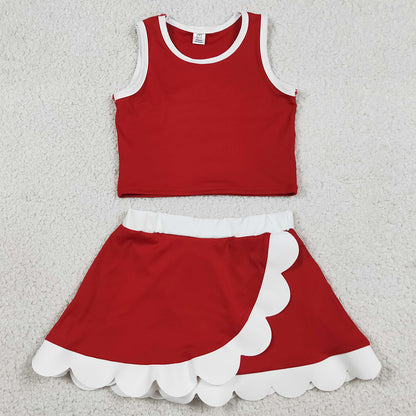 Baby Girls Clothes Sleeveless Red White Vest Scallop Skirt Short Yoga Active Clothes Set GSD4016