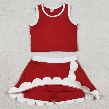 Baby Girls Clothes Sleeveless Red White Vest Scallop Skirt Short Yoga Active Clothes Set GSD4016