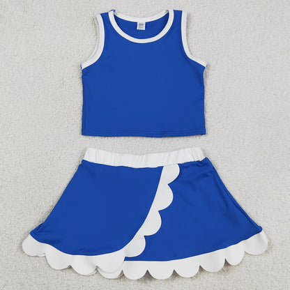 Baby Girls Clothes Sleeveless Blue White Vest Scallop Skirt Short Yoga Active Clothes Set GSD4023