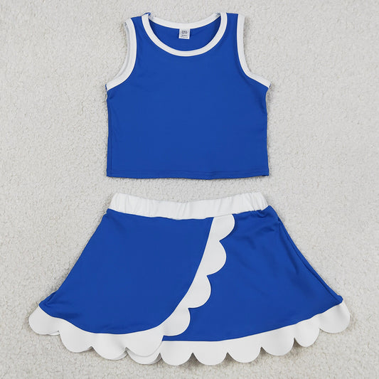 Baby Girls Clothes Sleeveless Blue White Vest Scallop Skirt Short Yoga Active Clothes Set GSD4023