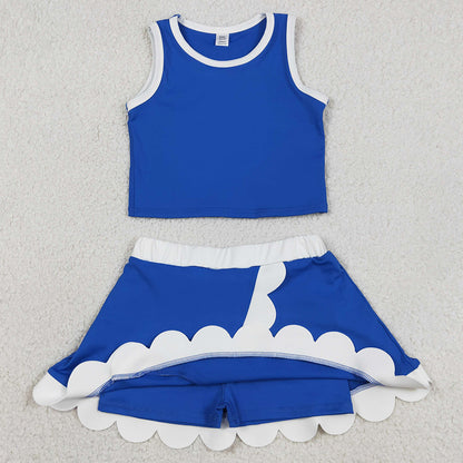 Baby Girls Clothes Sleeveless Blue White Vest Scallop Skirt Short Yoga Active Clothes Set GSD4023