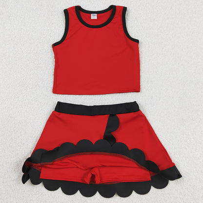 Baby Girls Clothes Sleeveless Red Black Vest Scallop Skirt Short Yoga Active Clothes Set GSD4028