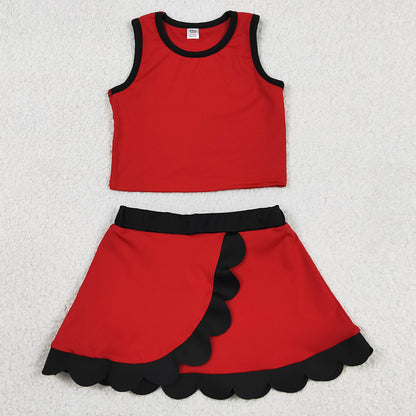 Baby Girls Clothes Sleeveless Red Black Vest Scallop Skirt Short Yoga Active Clothes Set GSD4028