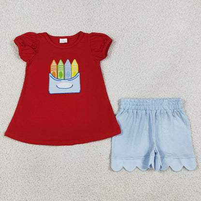 Baby Girls Clothes Embroidery Pencils Tunic Scallop Shorts Back to School Clothes Set GSSO3727