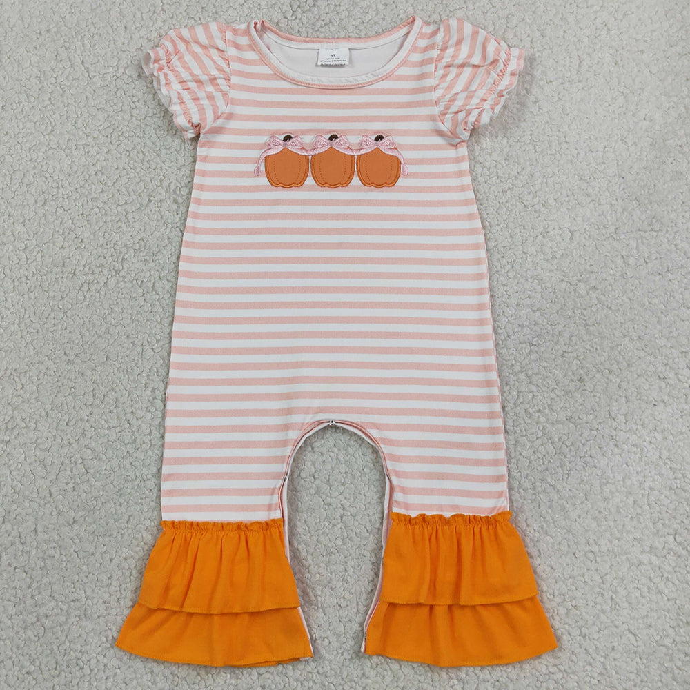 Baby Girls Rompers Embroidery Bows Pumpkins Orange Stripe Fall Ruffle Pant Rompers SR4284