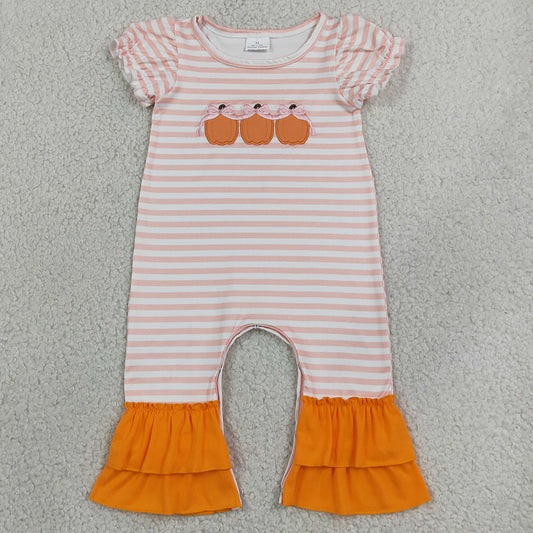 Baby Girls Rompers Embroidery Bows Pumpkins Orange Stripe Fall Ruffle Pant Rompers SR4284
