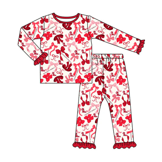 Preorder MOQ 5 Long sleeves O M red bow kids girls team pajamas 8.27