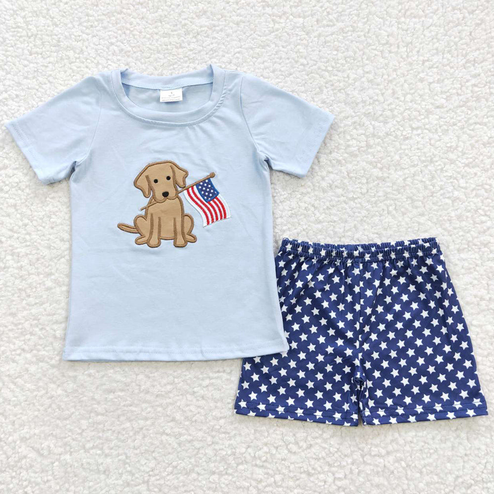 Baby Girls Clothes 4th Of July Dog Embroidery Pink Ruffle Shorts Sets GSSO0236 BSSO0227