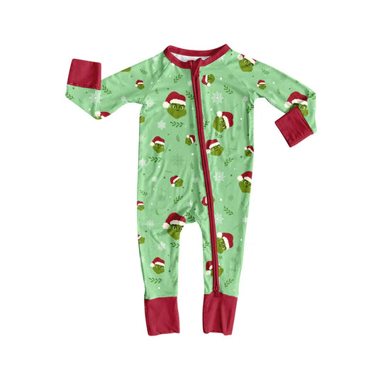 Preorder(moq 5)Baby Infant Christmas Green Face Zipper Footie Rompers 8.8