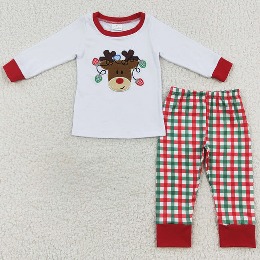 Boutique Kids Pajamas Christmas Deer Embroidery Cotton Girls Pajamas BLP0218