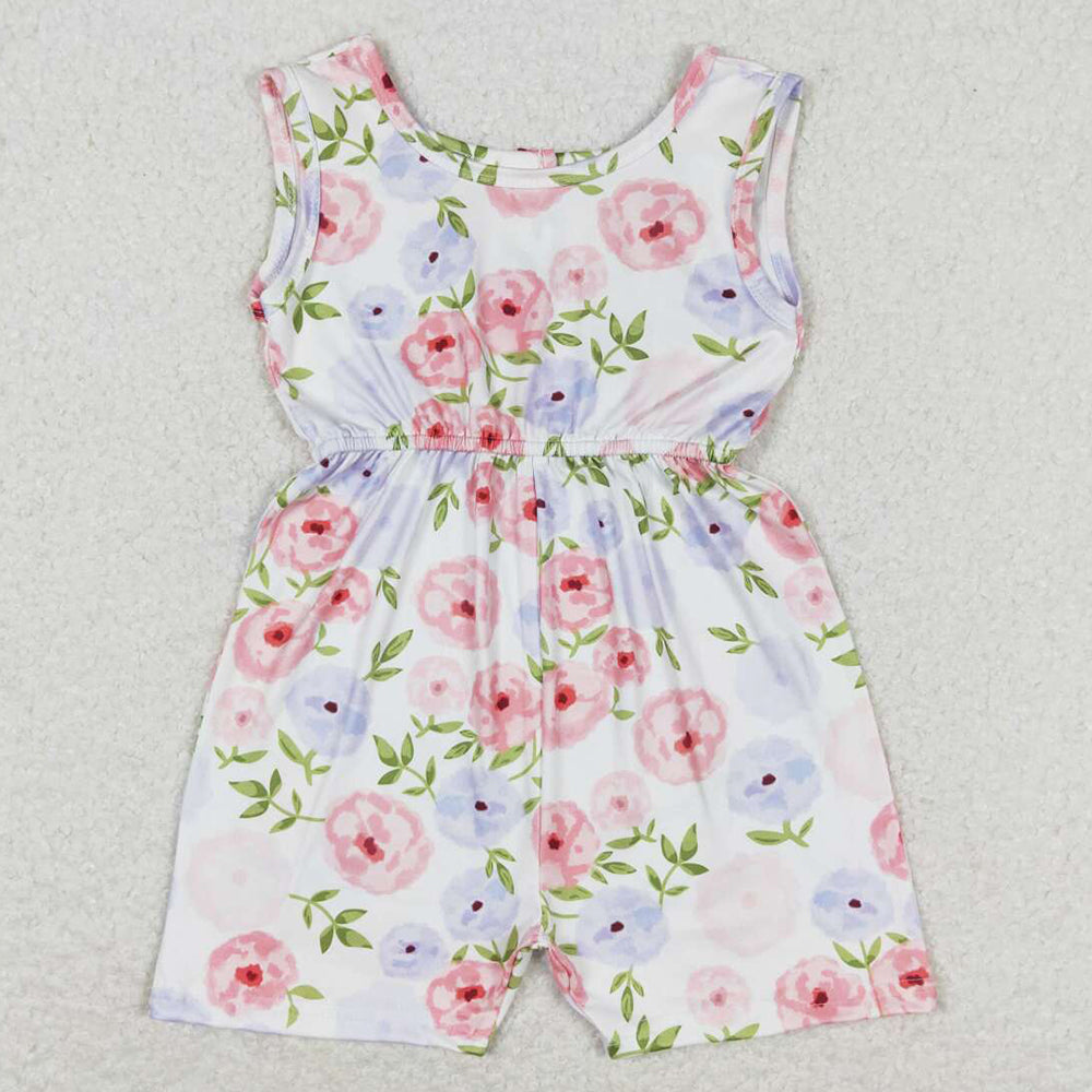 Baby Girls Jumpsuits Pink Flowers Sleeveless Shorts Jumpsuits SR1311