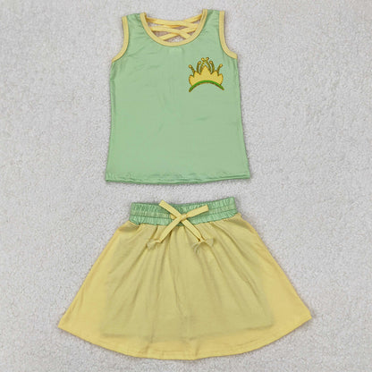 Baby Girls Clothes Green Crown Princess Shirt Skirt Clothes Sets GSD2071