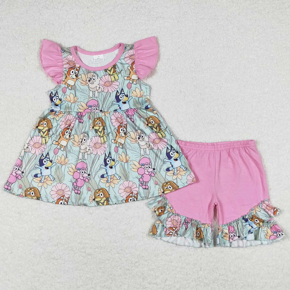 Baby Girls Clothes Dogs Flowers Flutter Sleeve Tunic Top Ruffle Shorts Sets GSSO0624