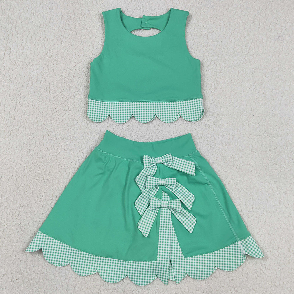 Baby Girls Clothes Green Vest Tops Bows Skirt Shorts Yoga Active Scallop Clothes Sets GSD3320