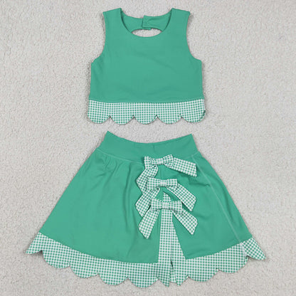 Baby Girls Clothes Green Vest Tops Bows Skirt Shorts Yoga Active Scallop Clothes Sets GSD3320