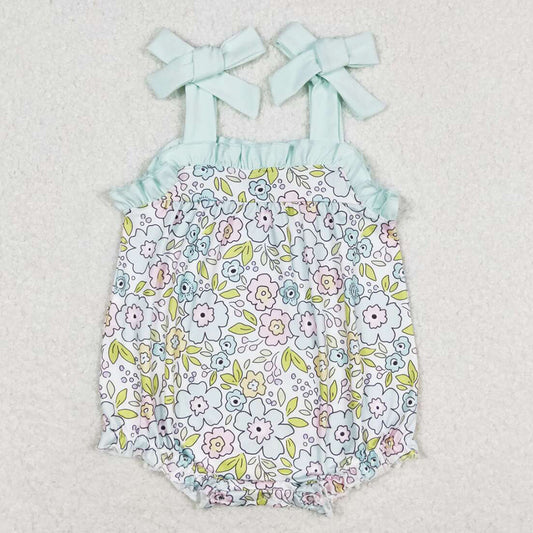 Baby Infant Girls Rompers Green Flowers Tie Bows Summer Rompers SR1456