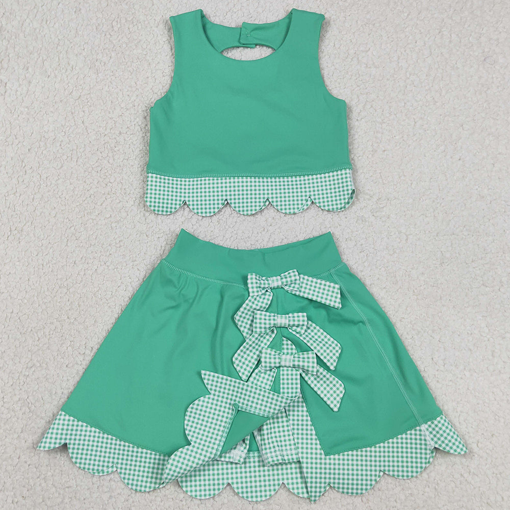 Baby Girls Clothes Green Vest Tops Bows Skirt Shorts Yoga Active Scallop Clothes Sets GSD3320