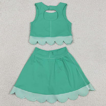 Baby Girls Clothes Green Vest Tops Bows Skirt Shorts Yoga Active Scallop Clothes Sets GSD3320