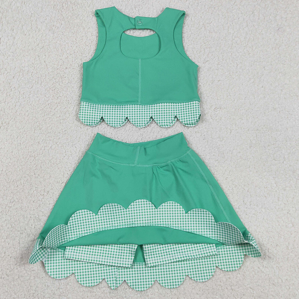 Baby Girls Clothes Green Vest Tops Bows Skirt Shorts Yoga Active Scallop Clothes Sets GSD3320