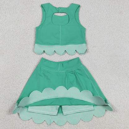 Baby Girls Clothes Green Vest Tops Bows Skirt Shorts Yoga Active Scallop Clothes Sets GSD3320