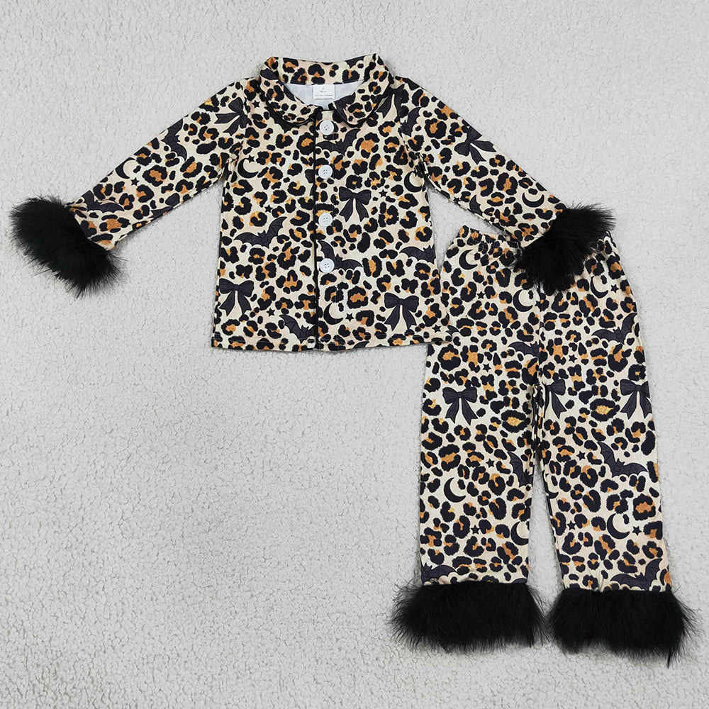Baby Girls Leopard Bats Button Top Pant Fur Sleeves Halloween Pajamas Set GLP3640